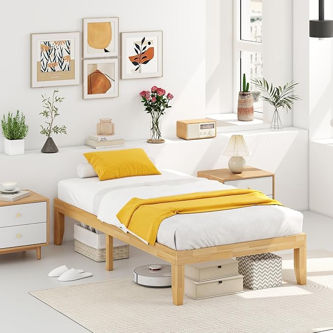 KOMFOTT 14 Inches Wood Platform Bed Frame Twin Size, Wooden Mattress Foundation with Rubber Wood Frame, Strong Slat Support, No Box Spring Needed, Bed Frame (Natural)
