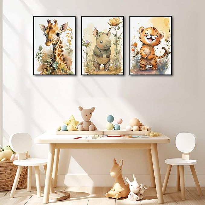 3Pcs Safari Nursery Wall Art watercolor baby Animal Wall Decor Lovely Jungle Animal Picture Painting Kids Room Posters Prints artwork for Boy Girl and Baby Room wall decoration,12x16in Poster