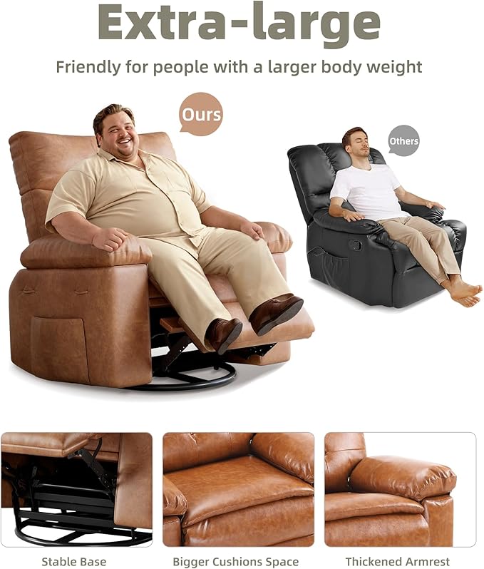 GarveeHome Oversized Wide Rocker Swivel Recliner Chair - PU Leather Manual Recliner for Adults, Large Nursery Chair Lazy Recliner with Comfort Arm and Back for Living Room, Bedroom