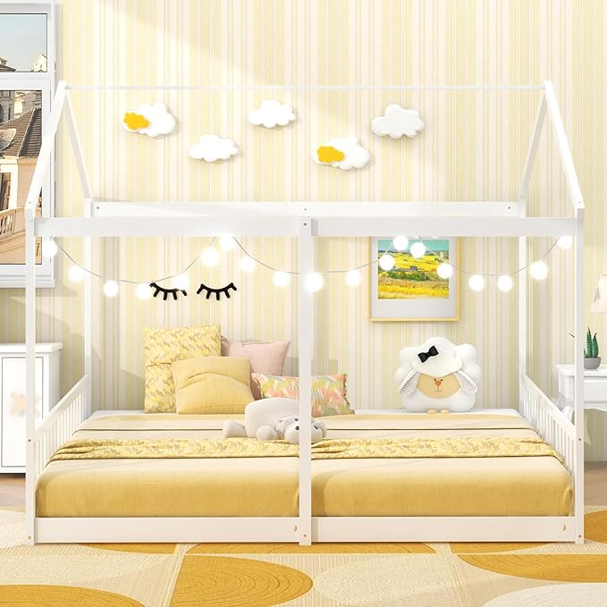 Giantex Double Twin Floor Beds for 2 Kids, Wood Montessori Bed with Fence & Roof, Wooden Slat Support, Easy Assemble, No Box Spring Needed, for Twins, Girls, Boys, White