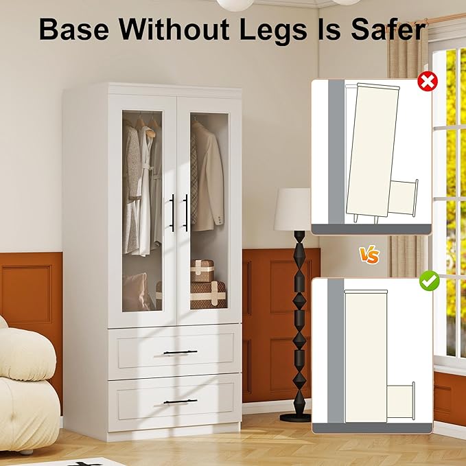 Armoire Wardrobe Closet with 2 Glass Door, White Wood Wardrobe Closet Wooden Bedroom Armoire with 2 Drawer Hanging Rods for Home/Bedroom/Living Room Style-51