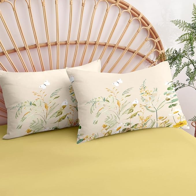 Floral Duvet Cover Set Queen 3 Pieces Beige Yellow Bedding Set Vintage Flower Butterfly Bedding Aesthetic Soft Microfiber Farmhosue Duvet Cover with 2 Pillowcases