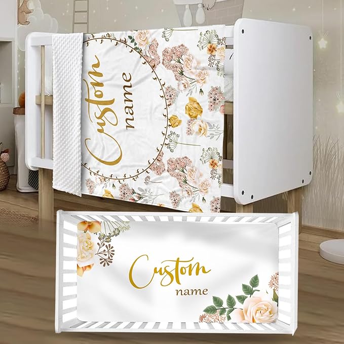 Personalized Crib Bedding Set for Boys Girls, Custom Baby Crib Sets with Name, Pink Flowers Design Nursery Bedding 2 Piece - Soft Blanket with Double Layer Dotted Backing, Crib Fitted Sheet
