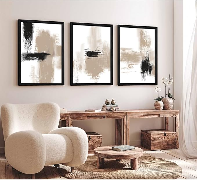 Beige Abstract Wall Art Painting Set of 3 Neutral Canvas Wall Art Prints Black Beige Modern Wall Decor Minimalist Art Pictures Abstract Modern Artwork for Room Bedroom 12x16 Inch Wood Framed