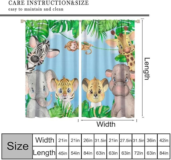 Kids Animals Blackout Curtains Watercolor Cartoon Cute Animals Green Jungle Art Printed for Children Girls Boys Bedroom Nursery Rod Pocket Decoration Window Drapes 2 Panels W31.5xL72in