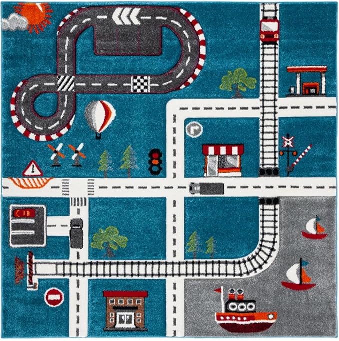 SAFAVIEH Carousel Kids 100 Collection Square Rug - 8', Turquoise & Ivory, Transitional Design, Stain Resistant, Ideal for High Traffic Areas in Bedroom, Dining Room & Kitchen (CRK192K-8SQ)