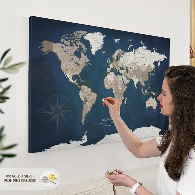 ElephantStock - My World Adventures Push Pin Travel Map I Wall Art - Horizontal Canvas Wall Art - Living Room Wall Decor - Printmaking Map Canvas Art - Blue And Beige Decor - 39" x 26"