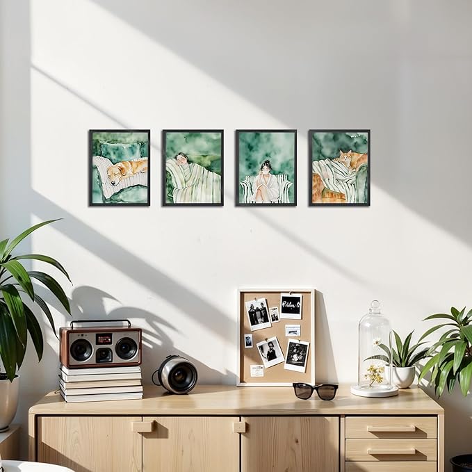 OFJE Golden Retrieve Cat Female Emerald Green Wall Art Decor Prints Set of 4, Watercolor Pet Aesthetic Wall Art Posters Decor for Girls Bedroom Home Living Room, 8x10 Unframed