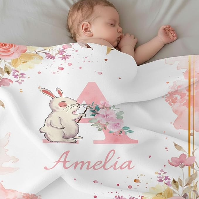 Personalized Baby Blanket with Name - Printed in USA,Custom Baby Blanket for Kids Soft Flanne Blankets in Easter Personalized Baby Gifts for Infant Newborn Shower (Pink)