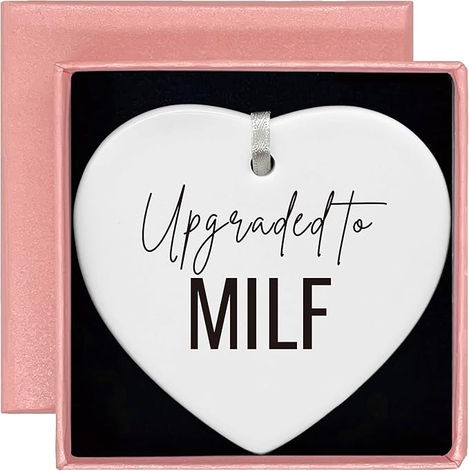 Heart Shaped Christmas Ornament-New Mom Gift for Women-Baby Shower Pregnancy Announcement Keepsake-Mama to Be Future Mommy Birthday Present-Funny Upgraded to Milf Ceramic Decor for Nursery