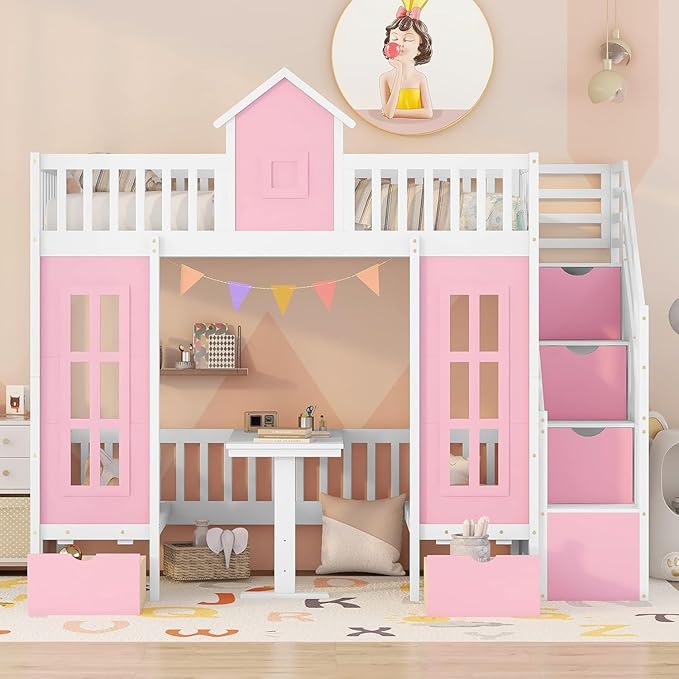 Twin Over Twin Castle House Loft Bed with Stairs and Storage Drawers,Solid Wood Princess Convertible Bunk Bed with Desk and Seat (Pink (Convertible))