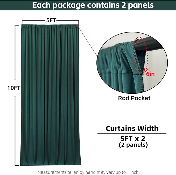 10x10FT Dark Green Backdrop Curtains for Wedding Parties, Wrinkle Free Photo Backdrop Curtains for Wedding Birthday Party Baby Shower, Fabric Drape with Rod Pockets 5ft x 10ft, 2 Panels