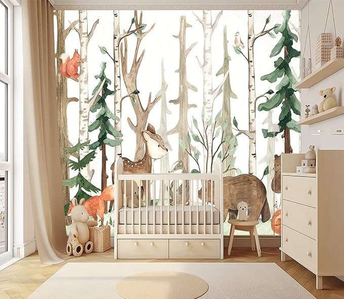 XMPMBM-Cartoon Hand-Painted Animals Woodland Nursery Room Fabric Wallpaper Graffiti Pine Forest Kids Gaming Room Wall Mural-W 132" X H 92"（93 Square Foot）