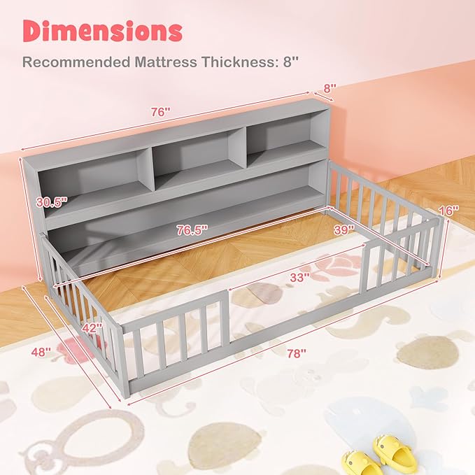 KOMFOTT Twin Floor Bed with Bookcase & Shelves, Wood Bed Frame with Bedside Bookshelves & Guardrails, Versatile 2-in-1 Montessori Floor Bed for Kids (Grey)