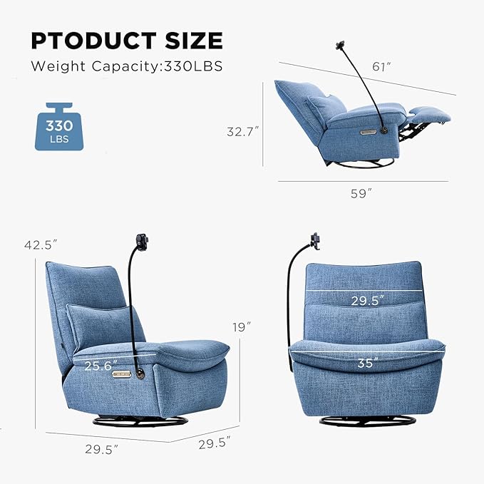Nouhaus Swivel Nursery Recliner Glider, Oversized Electric Rocker Recliner Chair with USB & Type-C Port, Wireless Charger Phone Holder, Reclining Rocking Chair for Nursery (Snooze Modern, Sky Blue)