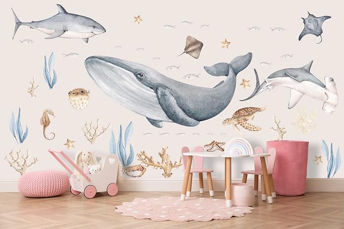 Fish Wall Decals – Octopus Decal & Stickers, Ocean Wall Decal for Nursery Baby Kids Bedroom Bathroom, Small Set (22″ W –22″ H) 40 Pcs