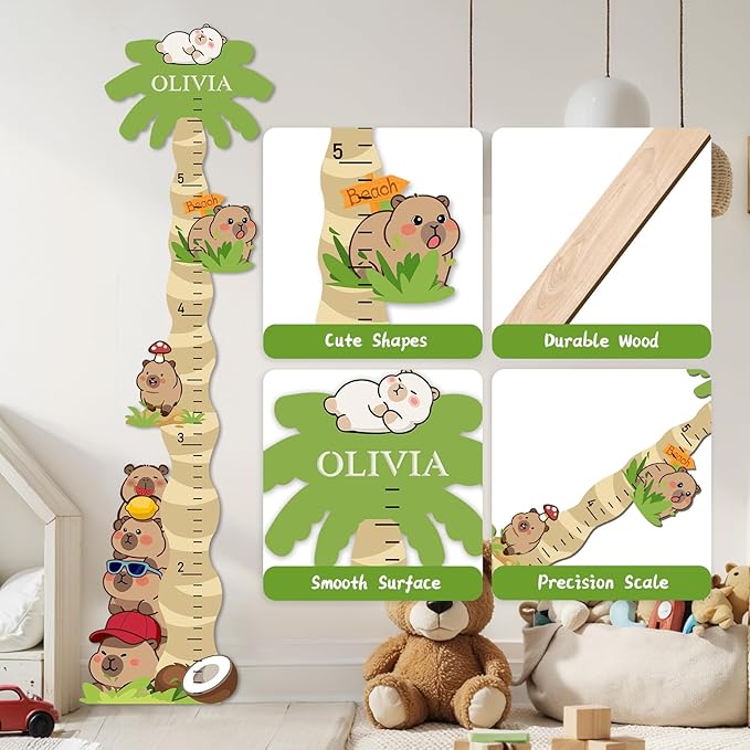 Personalized Name Wooden Growth Chart for Kids – Cute Capybara Height Chart for Kids, Kids Measuring Ruler for Nursery, Bedroom, Playroom, for Baby Shower, Holiday Gift