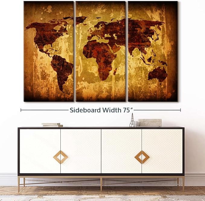 ElephantStock Vintage World Map Wall Art Multi Piece Canvas - 3 Piece Canvas World Map Wall Decor -Wall Decor - Ready-to-Hang Print - Vintage Wall Art - 74" X 48"