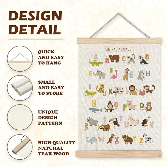 LUVADIAN Alphabet Numbers Educational Poster - Classroom Nursery Wall Decor Poster Hanger Frame Set of 2, Woodland Animals Nursery Decor, Toddler Learning Posters for Nursery Kids Room,12x16 Inches