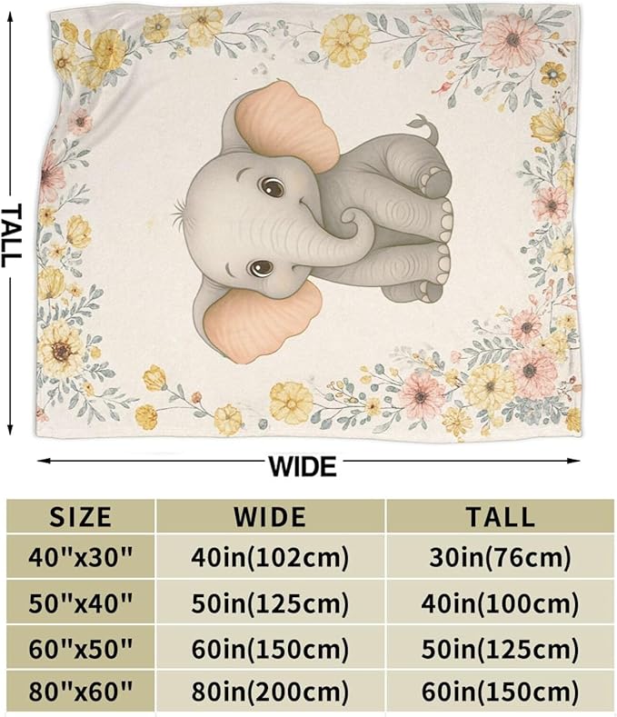 Elephant Blanket Cute Elephant Floral Throw Blanket Soft Cozy Fleece Fuzzy Plush Warm Stuff Bedding Nursery Toddler Baby Blankets Gifts for Boys Girls Kids Adult Men Women 60"X80"