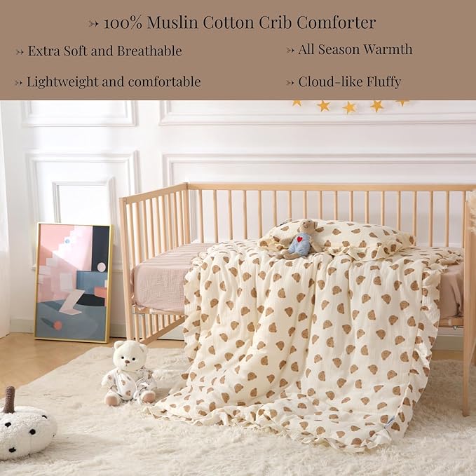 100% Cotton Muslin Crib Comforter/Quilt,Ultra Soft Cozy Reversible Baby Blanket,All Season Toddler Blankets for Boys and Girls, Machine Washable,41"x48"