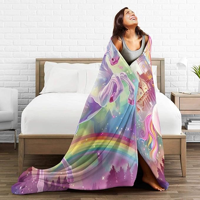 Unicorn Blanket Castle Rainbow Throw Blanket Pink Flannel Stuff Merch Cozy Decor Fleece Soft Plush Fuzzy Warm Lightweight Bedding Unicorn Lover Gifts for Kids Women Girl Boy Couch 50"X40"