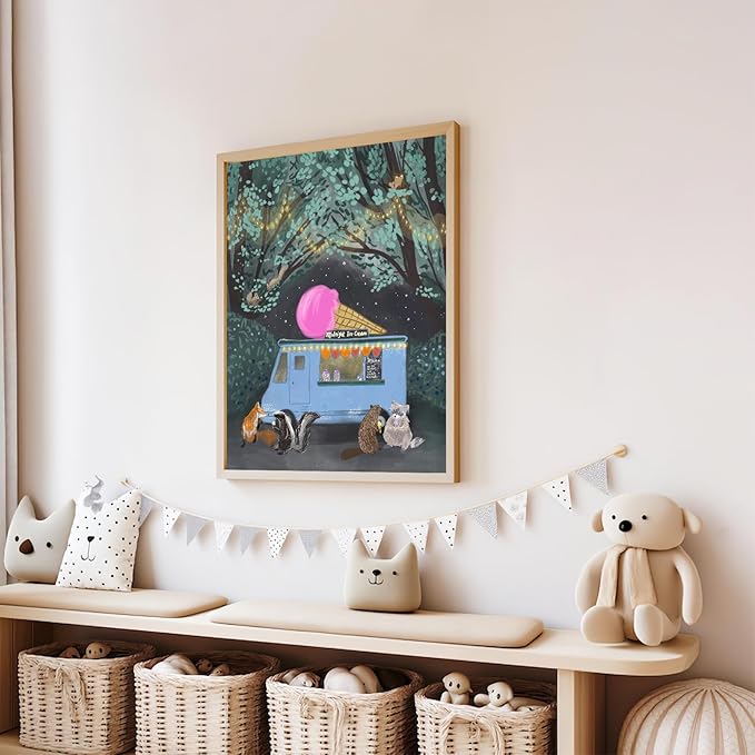 Nursery Poster Cute Animal Picture Vintage Animal Wall Art Nursery Decor Midnight Ice Cream Magical Forest Animals 12x16Inch Unframed Poster for Kids Room Boy and Girls Room Baby Room BedRoom BathRoom