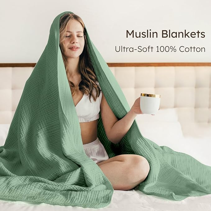 100% Cotton Muslin Blanket Queen Size 90" x 90" for Bed Couch Summer Gauze Blanket for Adults Lightweight and Breathable Dark Green