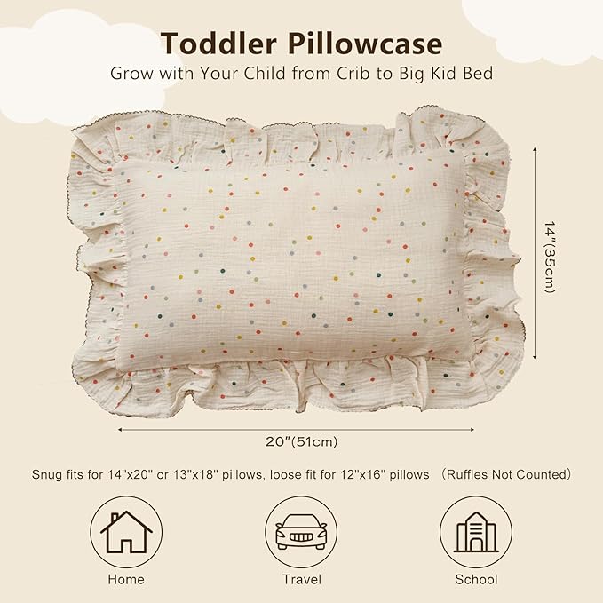 BuLuTu Kids Toddler Pillowcases Muslin Cotton Toddler Pillow Cases Colorful Dots Pattern, Girls Boys Bedding Pillow Covers, Soft Breathable Pillow Protector Envelope Closure,1 Piece,14"x20"
