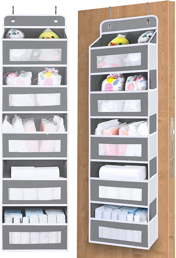 Over The Door Organizer Storage, 5 Shelf Hanging Door Organizer with 10 Large Capacity Pockets, Anti Tilt 44 lb Load Behind Door Storage for Bedroom, Bathroom, Pantry, Nursery, (Grey)