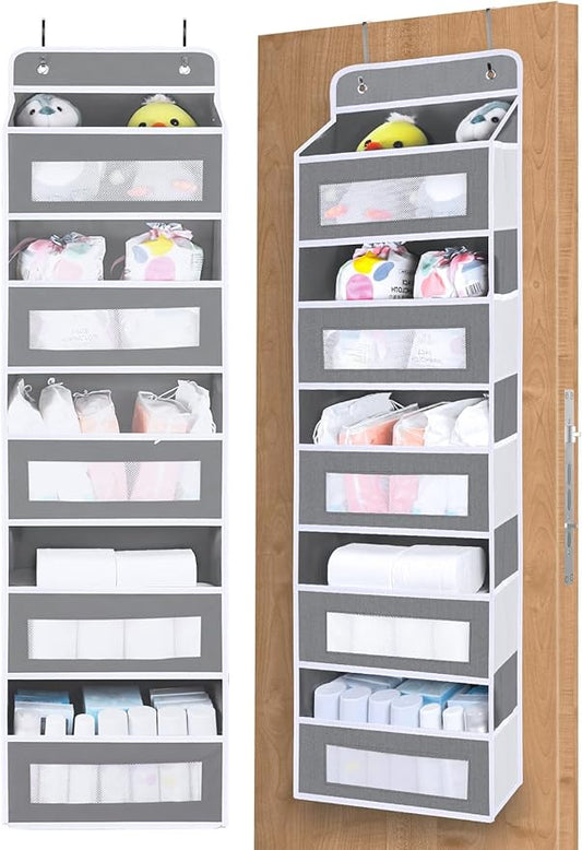 Over The Door Organizer Storage, 5 Shelf Hanging Door Organizer with 10 Large Capacity Pockets, Anti Tilt 44 lb Load Behind Door Storage for Bedroom, Bathroom, Pantry, Nursery, (Grey)