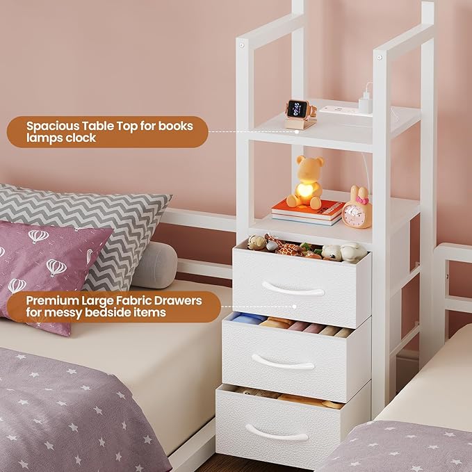 BTHFST Triple Bunk Bed Twin Size with House, 4 Storage Drawers, Charging Station and LED Lights, Metal Kids Bunk Bed with 13.4" H Safety Guardrail and Play Curtain, DIY House Shaped Bed, White