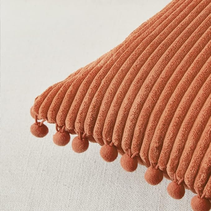 Fancy Homi Set of 2 Rust Decorative Throw Pillow Covers 12x12 Inch with Pom-poms for Couch Bed Sofa, Modern Farmhouse Boho Home Decor, Soft Plush Corduroy Cute Cushion Case 30x30 cm