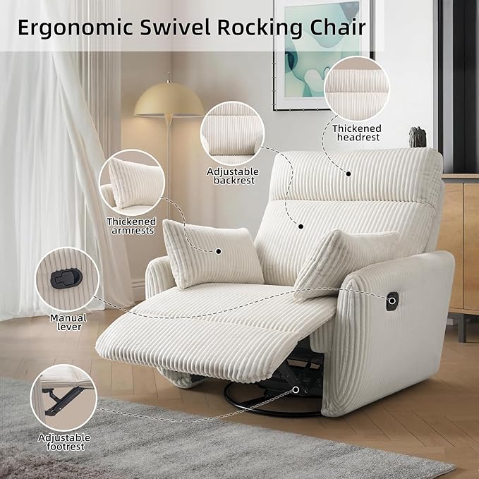 Swivel Recliner Chair for Adults, Corduroy Nursery Glider Rocking Chair, Armchair with 2 Pillows, Comfy High Back Reclining for Small Spaces, Nursery Bedroom Living Room (Corduroy Beige, 1 Pack)
