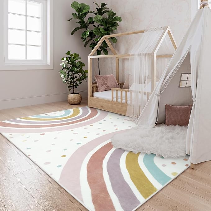 STARUIA Boho Rainbow Rug for Girls Bedroom, Large Area Rug 5x7 Washable Kids Rugs for Playroom Tent Castle, Non-Slip Soft Play Mat Carpet Nursery Rugs for Kid Room Classroom Dorm