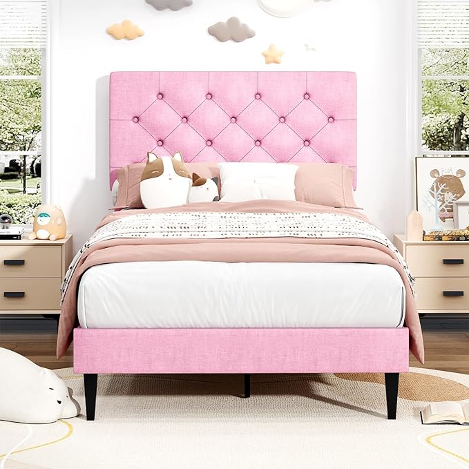 BarnFurin Twin Bed Frames with Button Tufted Headboard, Linen Upholstered Platform Bed with Wooden Slats Support, Princess Bed Frame for Girls, Easy Assembly, No Box Spring Required, Pink