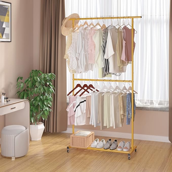 Sywhitta Double Rod Clothing Garment Rack, Rolling Clothes Organizer on Wheels for Hanging Clothes, Easy to Assemble, Adjustable, Gold