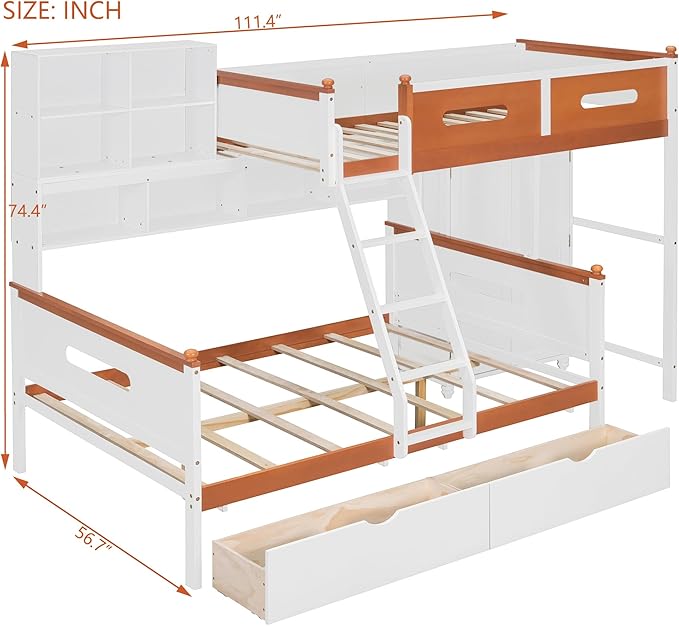 Twin Over Full Bunk Bed with Wardrobe and Drawers, Wooden Bunk Bed with Shelves and Cabinet for Kids Teens Adult Bedroom, Space Saving Design