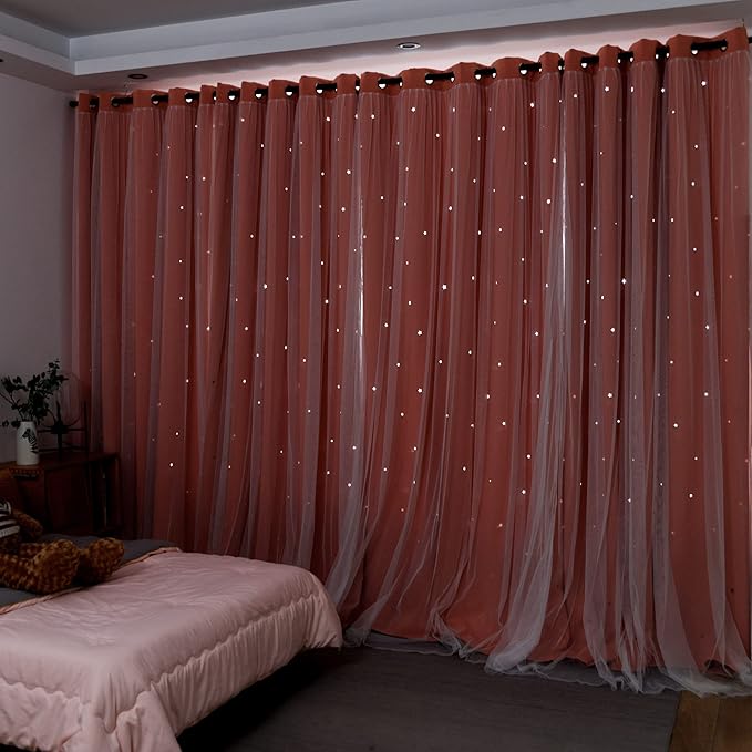 Kinryb Princess Curtains for Girls Bedroom with Sheer Overlay,Double Layer Curtain for Living Room with Star Cutout, Curtains for Kids Room (70 W*63 L Inches,2 Pcs Coral)