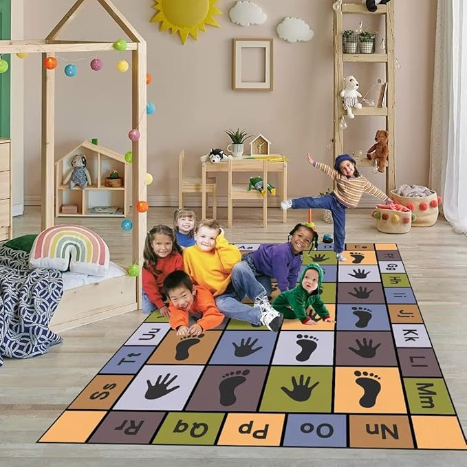 Hopscotch Play Rugs Kids, ABC Alphabet Education Carpet, Playroom Bedroom Living Room Decor Learning mat (Blue,71x106 in)