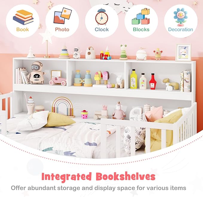 KOMFOTT Twin Floor Bed with Bookcase & Shelves, Wood Bed Frame with Bedside Bookshelves & Guardrails, Versatile 2-in-1 Montessori Floor Bed for Kids (White)