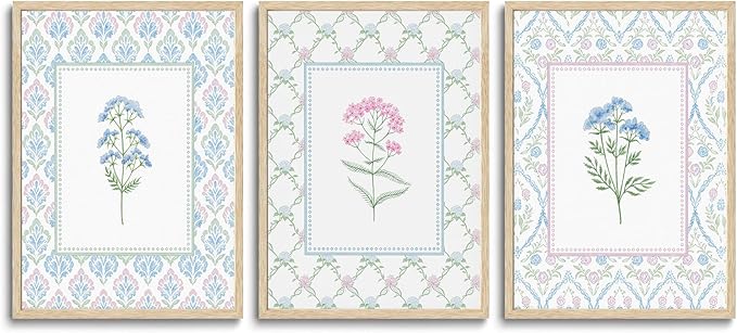 CHMMART 3 Piece Pastel Wildflower Framed Wall Art Nursery Floral Canvas Art Prints Pink Blue Botanical Pictures Wall Decor Boho Flower Painting Artwork for Bedroom Bathroom 16x20in