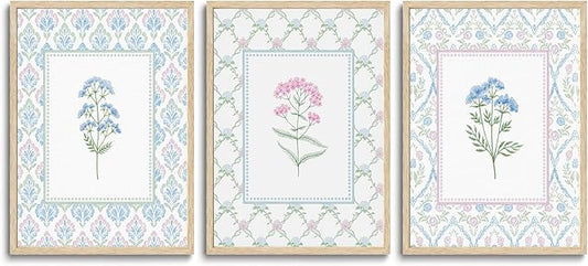 CHMMART 3 Piece Pastel Wildflower Framed Wall Art Nursery Floral Canvas Art Prints Pink Blue Botanical Pictures Wall Decor Boho Flower Painting Artwork for Bedroom Bathroom 12x16in