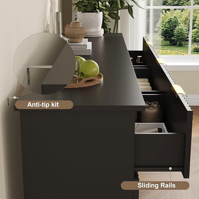 Fluted Dresser with 9 Drawers for Bedroom, 63" Wide Dresser with Metal Handle, Wooden Chest of Drawers for Bedroom, Living Room, Entryway, Black