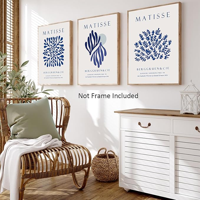 LUHDFYS Blue Matisse Canvas Wall Art Print,Abstract Matisse Wall Art Exhibition Posters Set of 3,Navy Blue Canvas Prints,Landscape Aesthetic Decor for Bedroom Bathroom Living Room Unframed