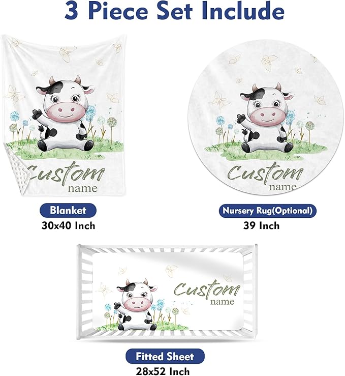 Custom Baby Crib Bedding Set - Cows Design Personalized Name Baby Nursery Bedding 3 Pcs Set - Chic Soft Blanket, Fitted Sheet, Room Rug for Newborns Boys Girls Gifts