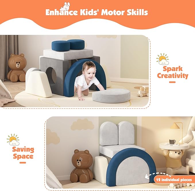 12 PCS Modular Kids Play Block Couch Child Sectional Soft Sofa Toddler Building Fortplay Climbing Bedroom Playroom Baby Convertible Floor Foam Cushion for Boys & Girls (Blue+Grey+Beige)
