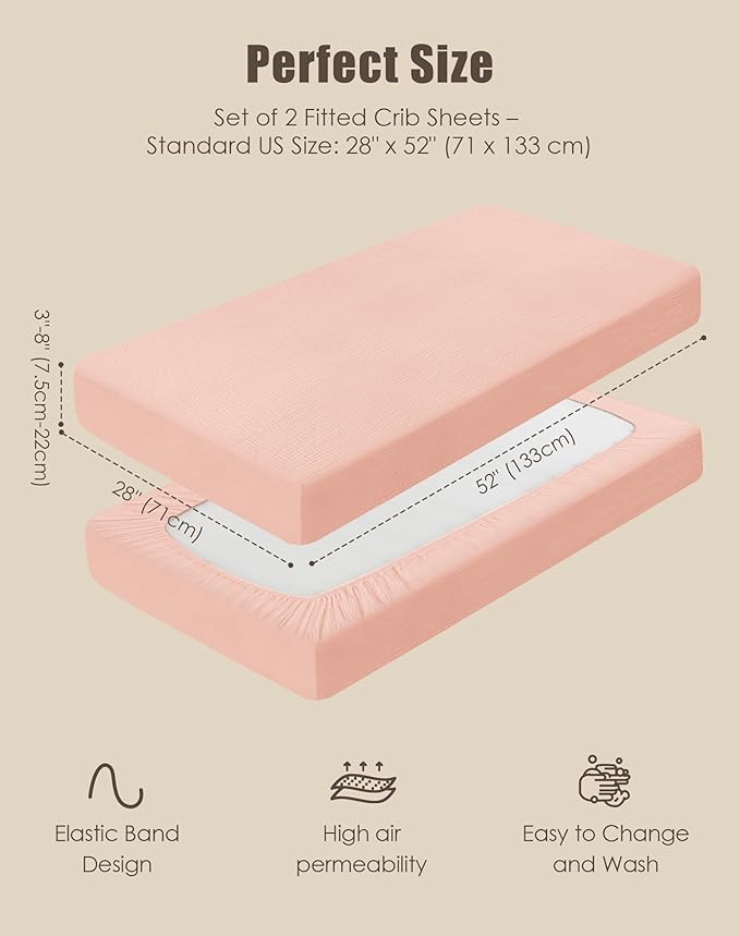 SWEET DOLPHIN 2-Pack Muslin Crib Sheets for Boys & Girls, Ultra Soft Breathable 40S Long-Staple Cotton Fitted Baby Sheets for Standard Crib Mattress 52"x28", Light Sakura- Nursery Essentials