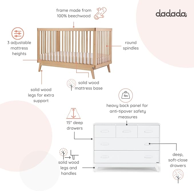 dadada Soho Baby Nursery Furniture Set. Baby Crib and Dresser Set Combo. Soho 3 in 1 Convertible Crib and 5 Drawer Nursery Dresser. White and Natural Beechwood