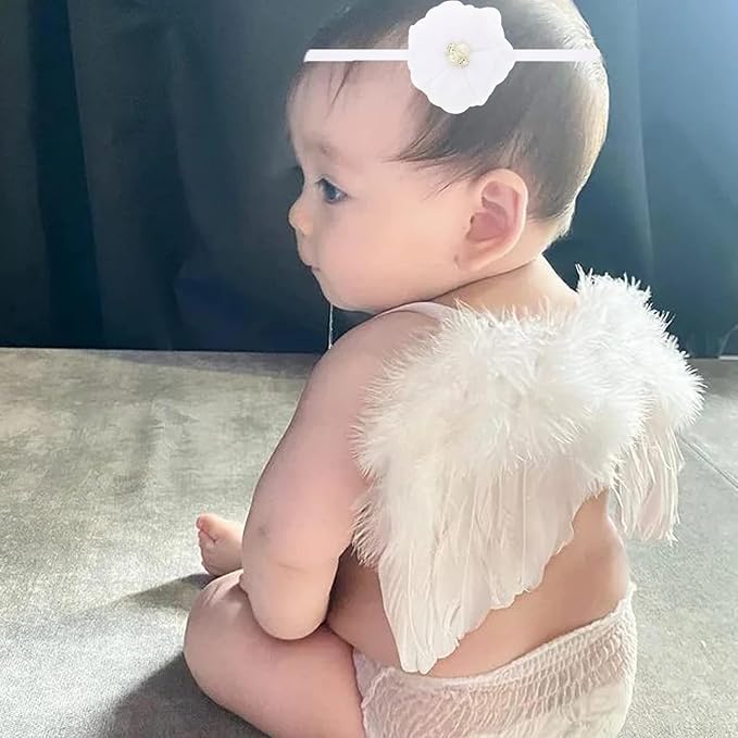 2PCS White Angel Wings With Pearl Chiffon Flower Headband For Newborn Infant Photography Props Soft Fairy Feather Wings For Toddlers Kids Girls Gifts(Color I, One Size)